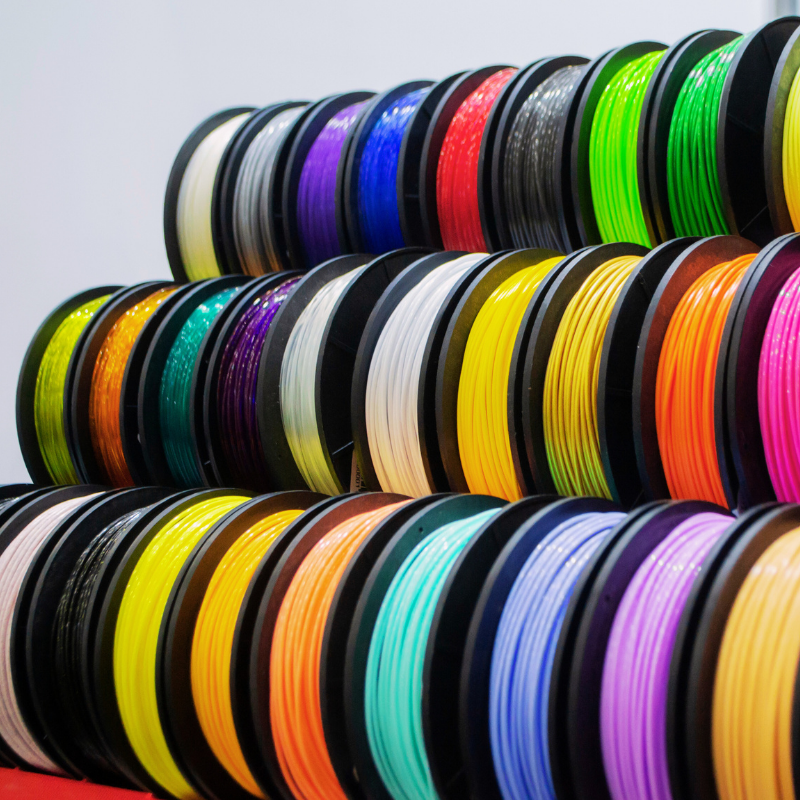 Colorful spools of 3D printing Filament and Accessories arranged for easy selection.
