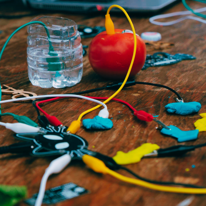 Maker Classroom Packs supplies with colored wires and a tomato, showcasing hands-on learning activities for students.