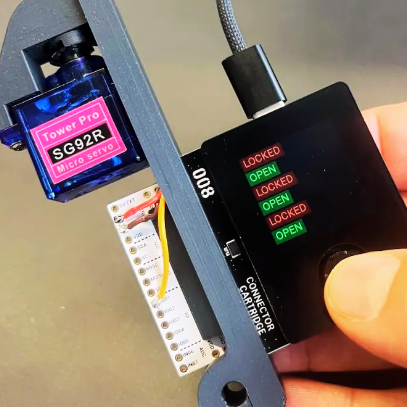 Image of a Tower Pro SG92R Micro servo and control interface showing OPEN and LOCKED states, relevant for New Arrivals.