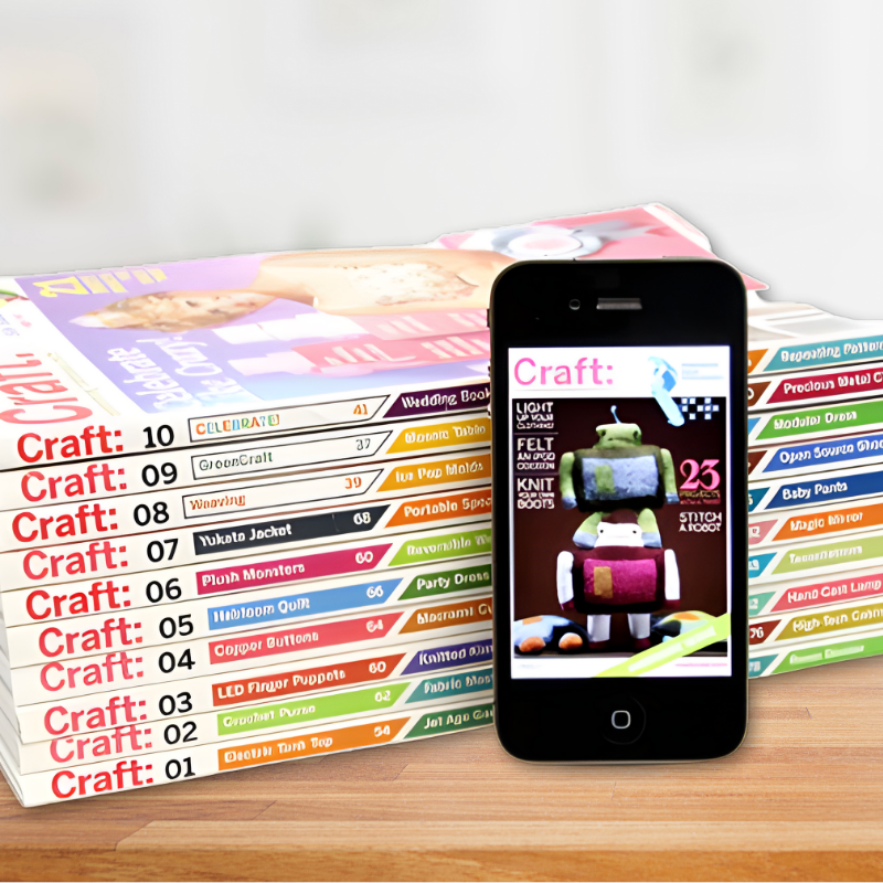 Collection of Craft eMagazines with a smartphone displaying Craft magazine cover showcasing felt and knit projects.