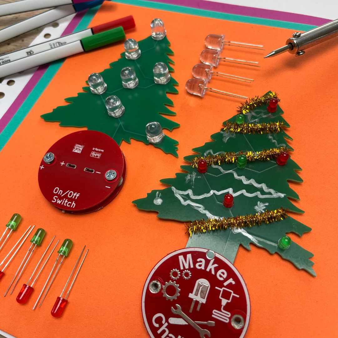 Learn To Solder - Holiday Tree kit with LED components and on/off switch for creative crafting.