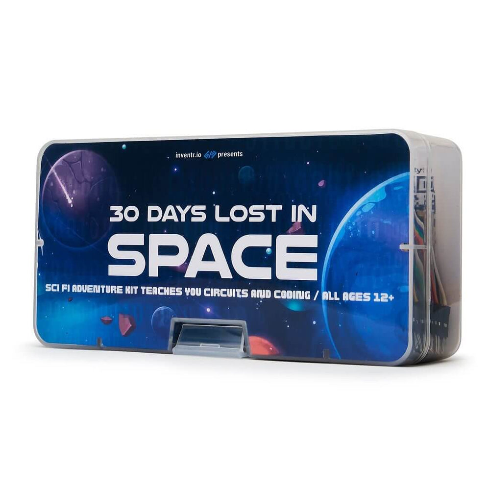 30 Days Lost in Space adventure kit packaging featuring sci-fi design, teaching coding and circuits for all ages 12+.