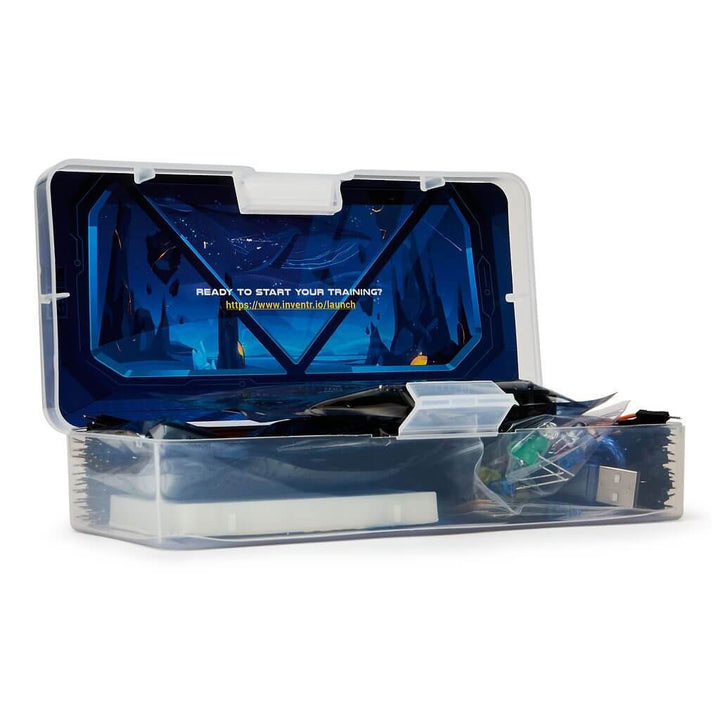 30 Days Lost in Space Adventure Kit components inside a clear box, featuring advanced coding and circuit skills tools.
