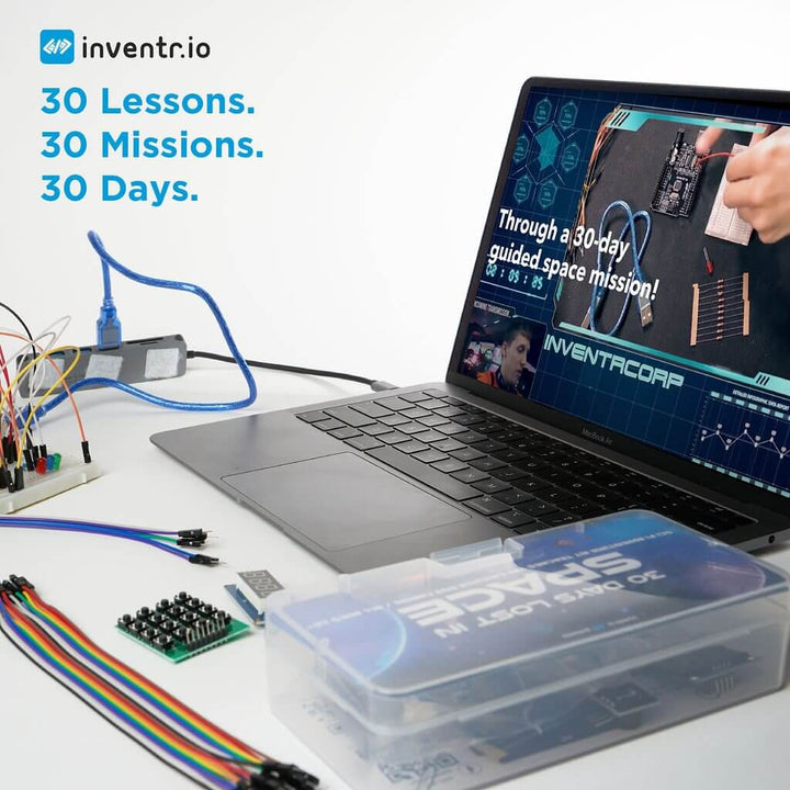 30 Days Lost in Space Adventure Kit with coding lessons and components for a guided space mission.