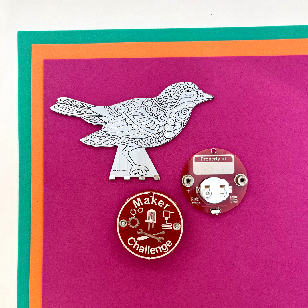 Blinker Bird components including a bird design, a multivibrator circuit, and a Maker Challenge badge.
