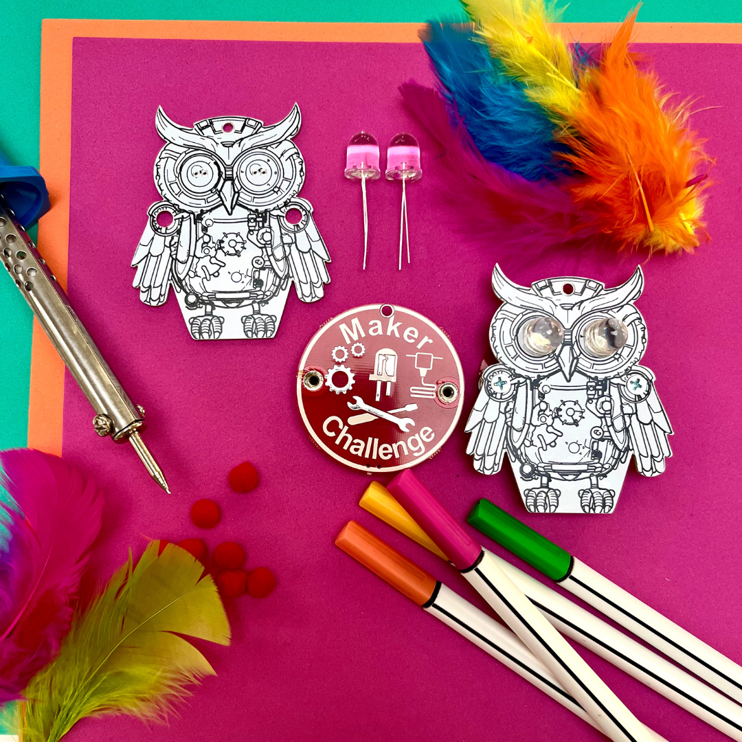 Introductory 3 Pack (Owl/Cat/Lantern) - Soldering kit components including two owl projects and colorful craft supplies.