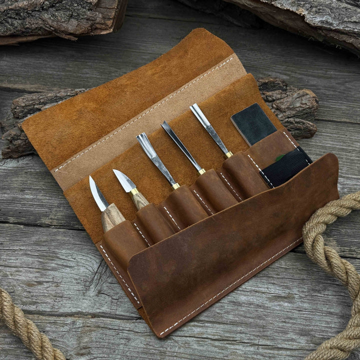 5-Piece Wood Carving Tool Set with Sharpening Board &amp; Leather Case