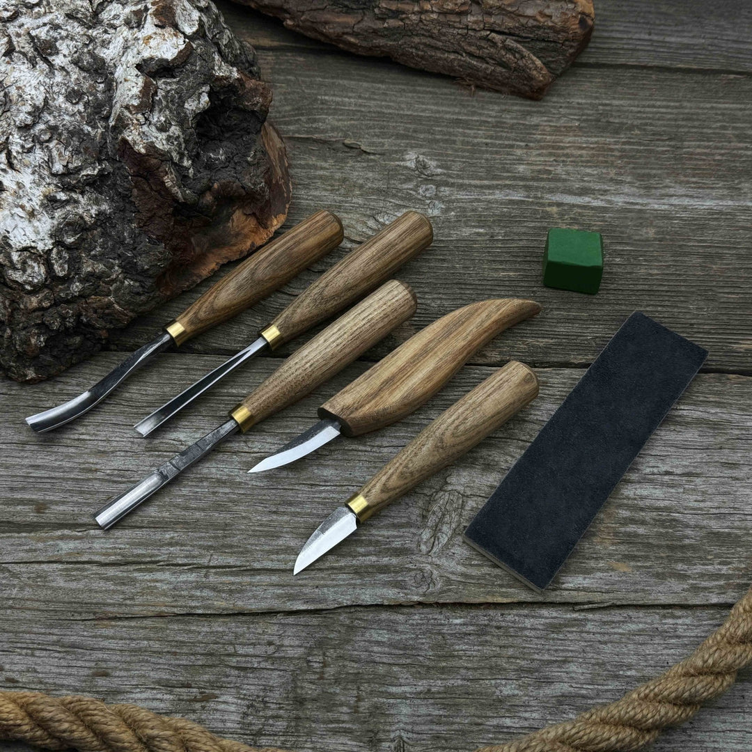 5-Piece Wood Carving Tool Set with Sharpening Board &amp; Leather Case