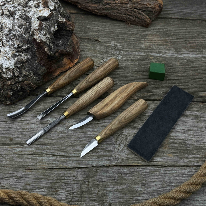 5-Piece Wood Carving Tool Set with Sharpening Board &amp; Leather Case