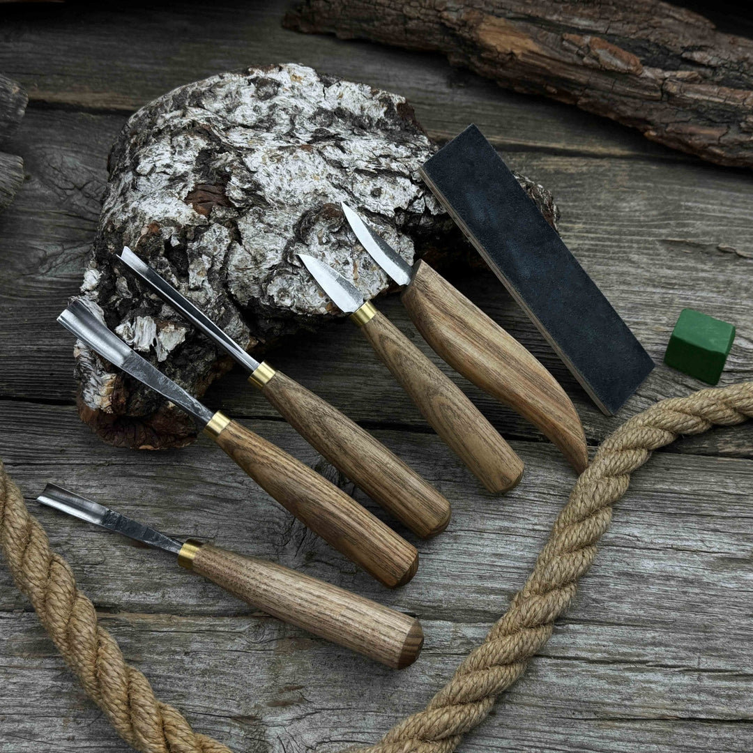 5-Piece Wood Carving Tool Set with Sharpening Board &amp; Leather Case