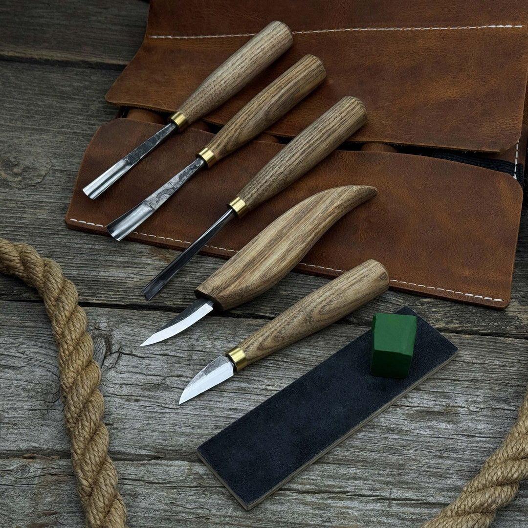 5-Piece Wood Carving Tool Set with Sharpening Board &amp; Leather Case