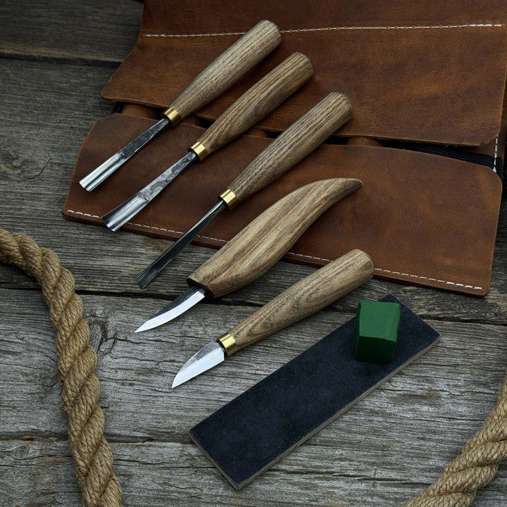 5-Piece Wood Carving Tool Set with Sharpening Board &amp; Leather Case