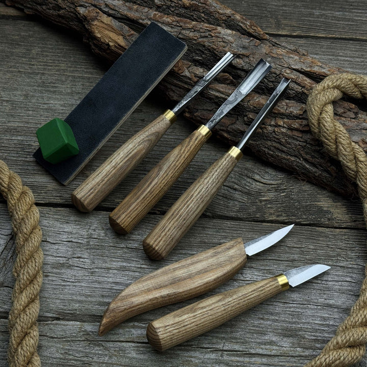 5-Piece Wood Carving Tool Set with Sharpening Board &amp; Leather Case
