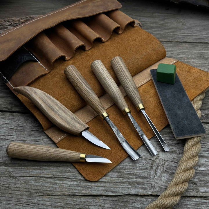 5-Piece Wood Carving Tool Set with Sharpening Board &amp; Leather Case