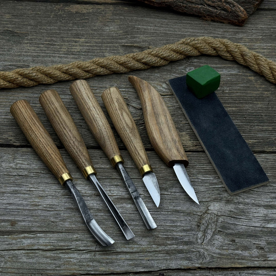 5-Piece Wood Carving Tool Set with Sharpening Board &amp; Leather Case
