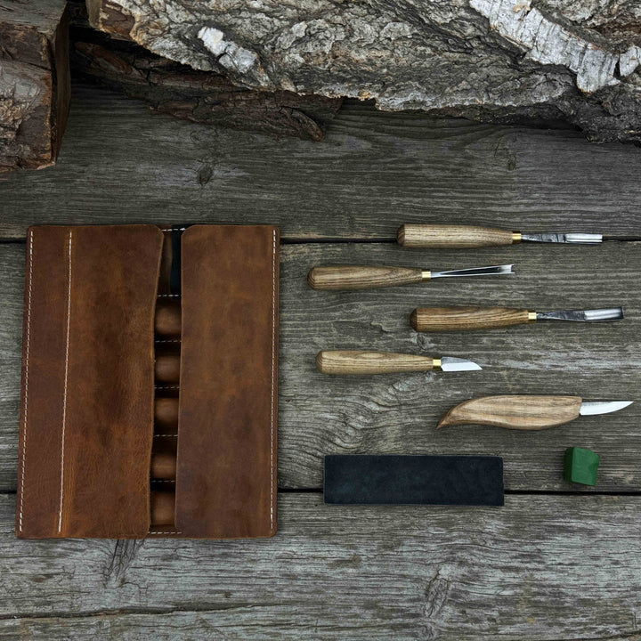 5-Piece Wood Carving Tool Set with Sharpening Board &amp; Leather Case