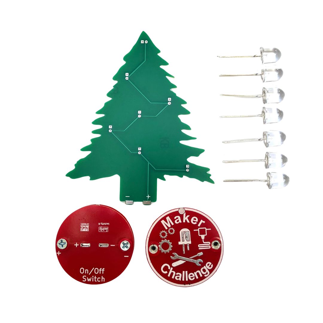 Learn To Solder - Holiday Tree kit includes PCB, LEDs, and On/Off switch for creative projects.