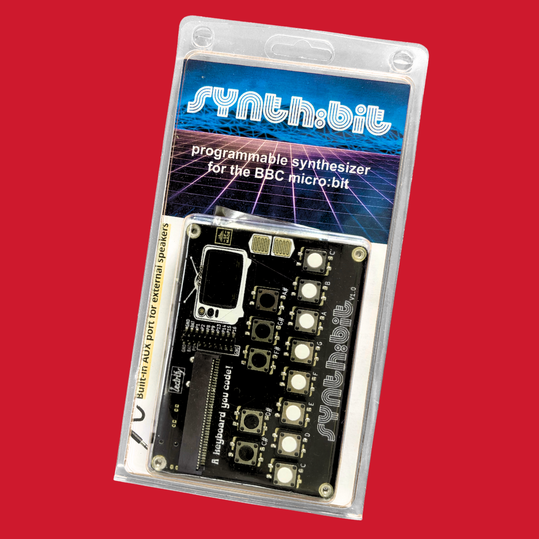 Synth:bit programmable synthesizer for the BBC micro:bit in packaging on a red background.