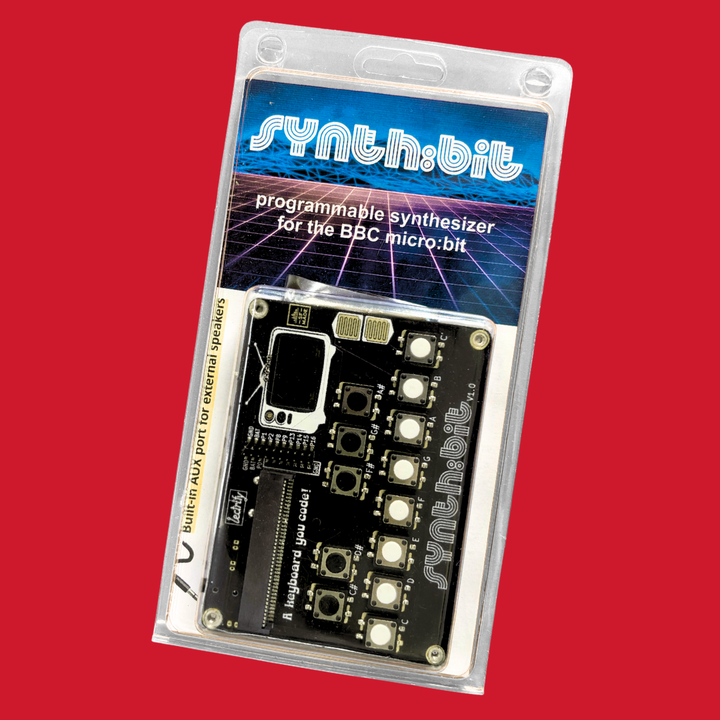 Synth:bit programmable synthesizer for the BBC micro:bit in packaging on a red background.