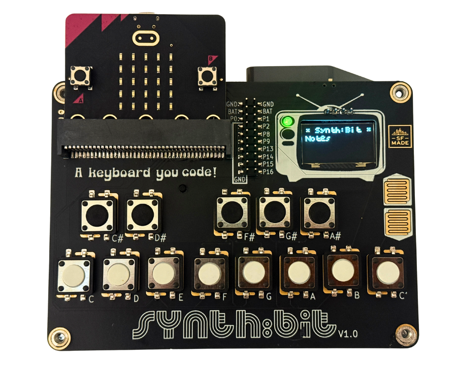 Image of Synth:bit microcontroller with OLED screen and keyboard layout for music coding.