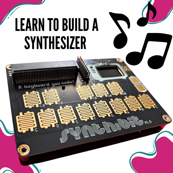 Synth:bit synthesizer module with a keyboard layout and OLED screen for music creation.