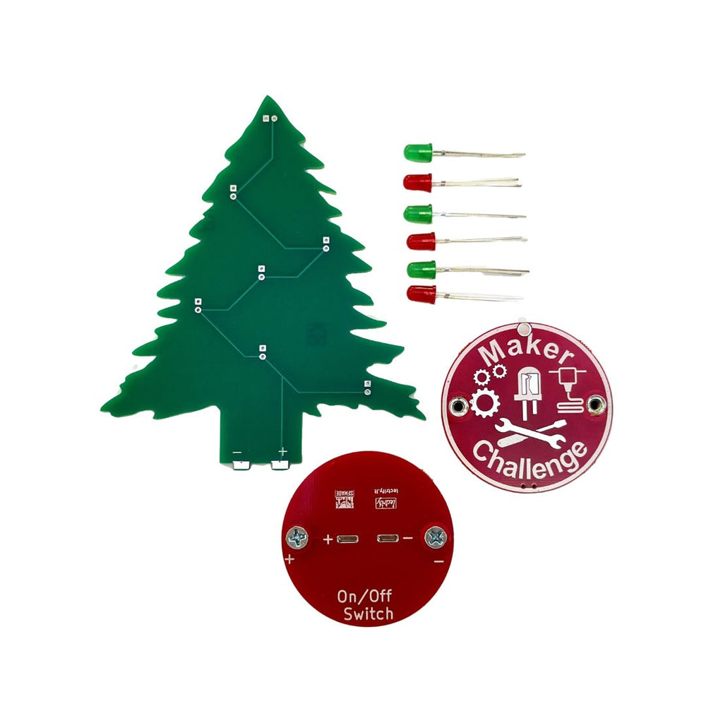 Learn To Solder - Holiday Tree kit includes PCB, LEDs, and on/off switch for creative projects.