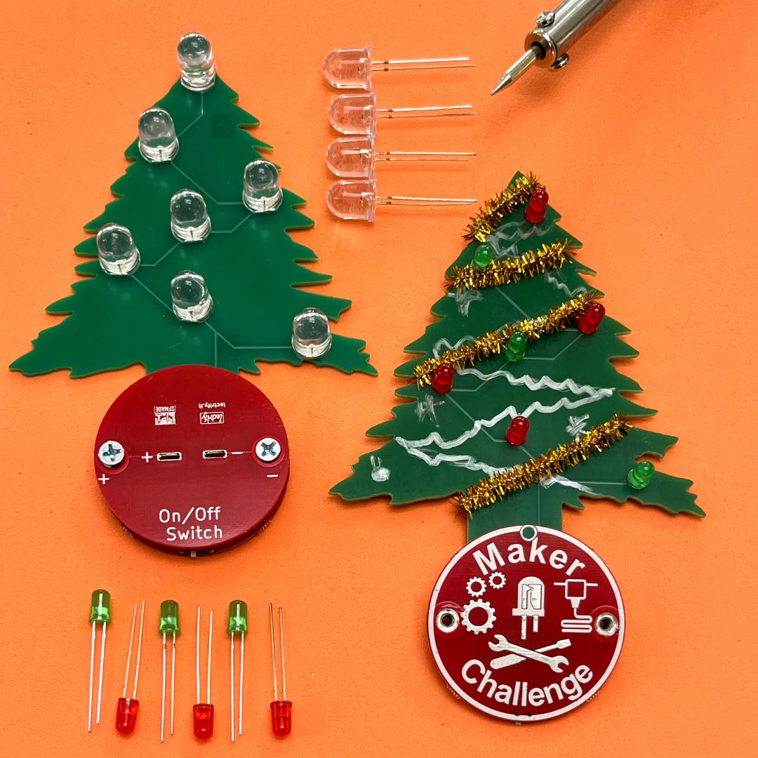 Learn To Solder - Holiday Tree kit with LEDs, on/off switch, and creative decorations for personalized projects.