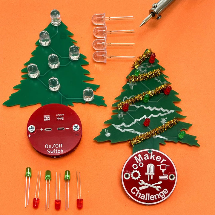 Learn To Solder - Holiday Tree kit with LEDs, on/off switch, and creative decorations for personalized projects.