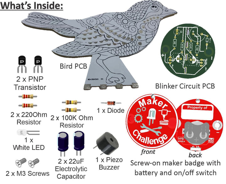 Blinker Bird kit components including PCB, resistors, LED, and maker badge for electronics beginners.