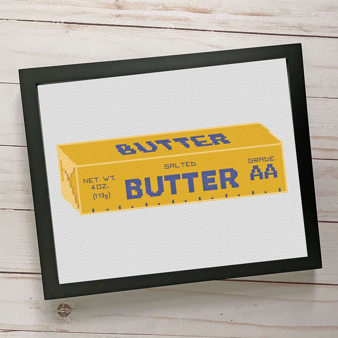 Vintage Butter Stick Counted Cross Stitch DIY Kit featuring a pixel art butter stick design on a framed background.