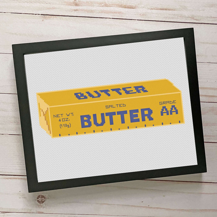 Vintage Butter Stick Counted Cross Stitch DIY Kit featuring a pixel art butter stick design on a framed background.