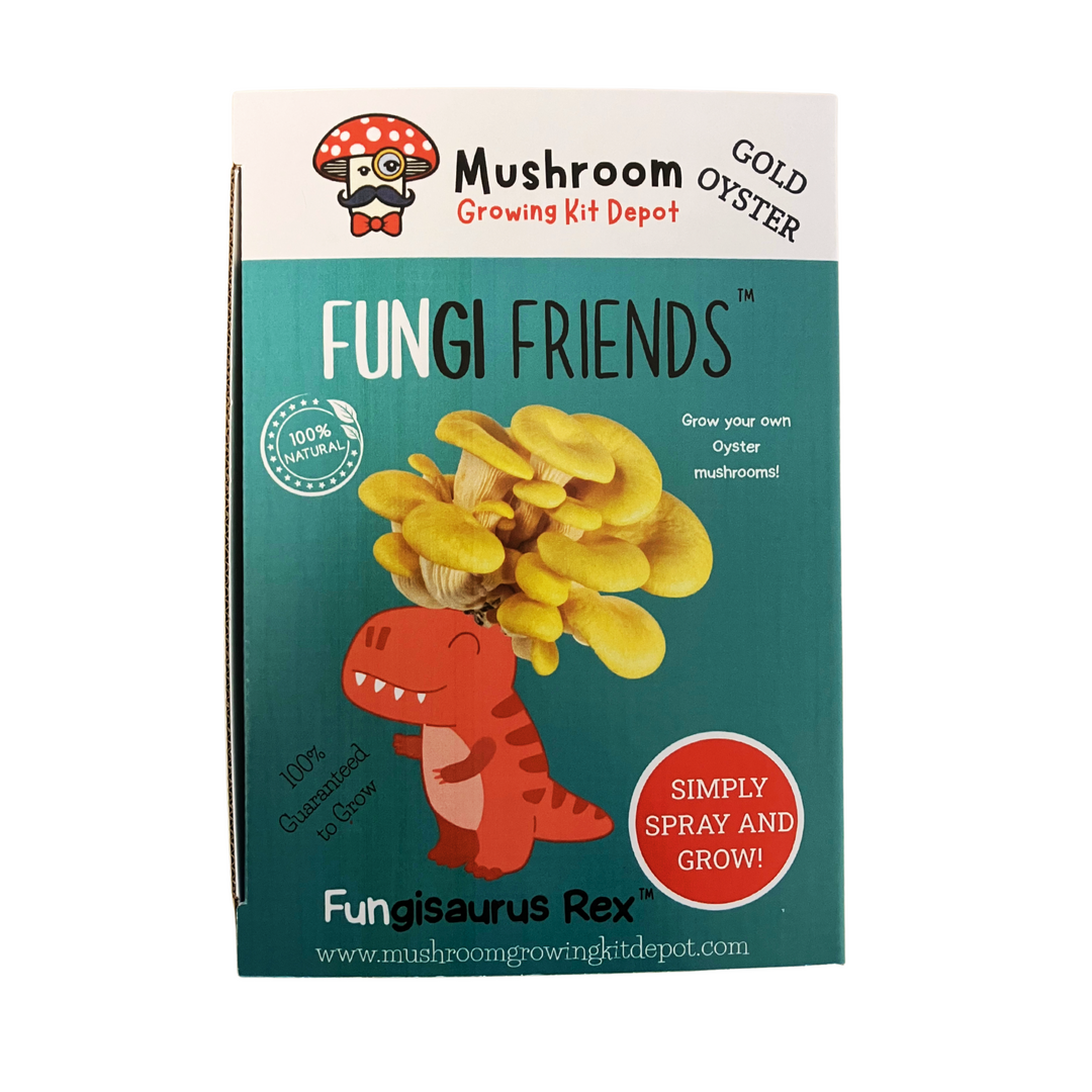 Fungisaurus Rex - Gold Oyster Mushroom Grow Kit - 5 LBS (with box) featuring vibrant yellow mushrooms and friendly dinosaur design.