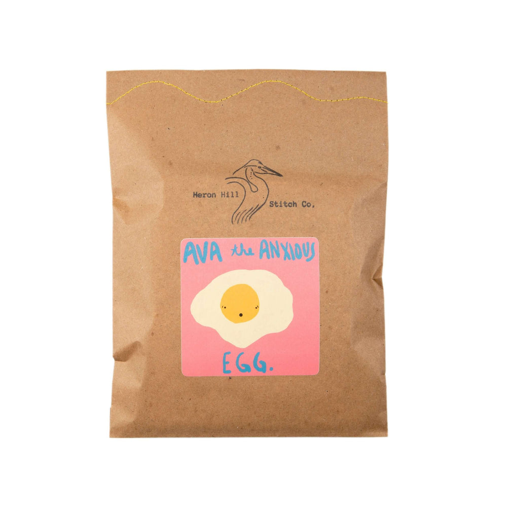 Ava the Anxious Egg Felt Stitching Kit packaging featuring cute egg design on craft paper.