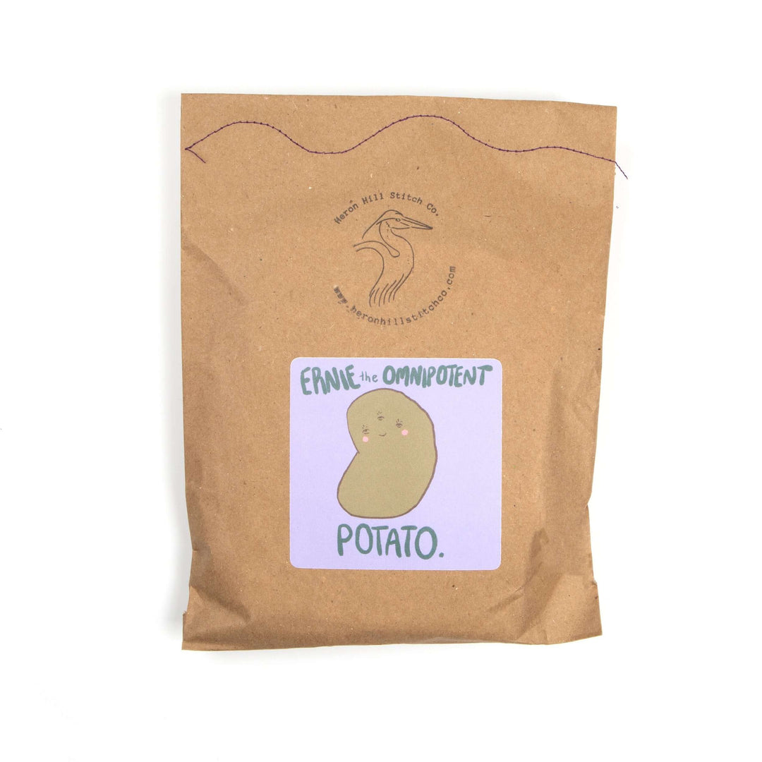 Ernie the Omnipotent Potato Felt Stitching Kit packaging featuring a cute illustrated potato design.