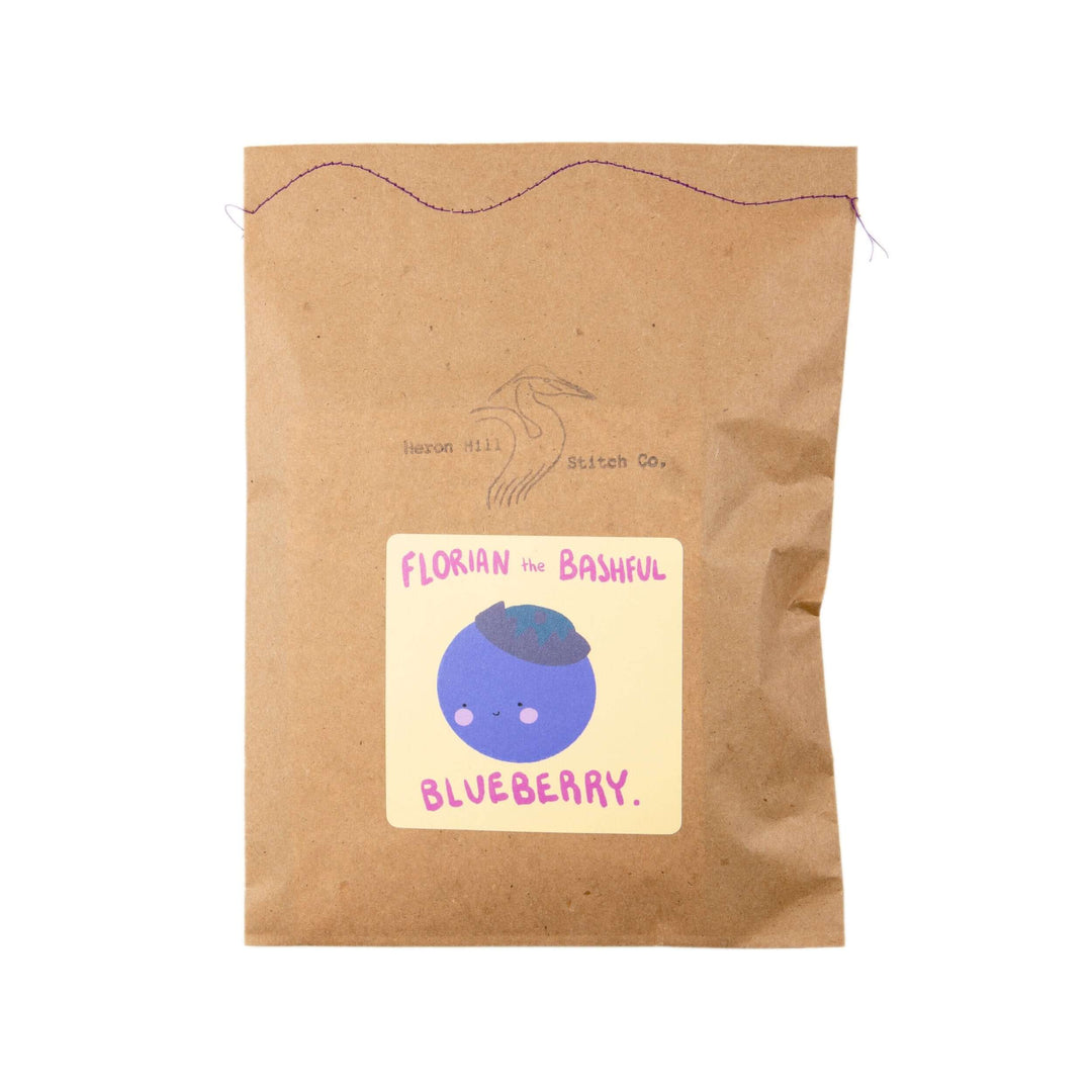 Florian the Bashful Blueberry Felt Stitching Kit packaging featuring a cute blueberry illustration.