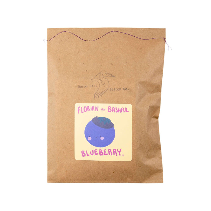 Florian the Bashful Blueberry Felt Stitching Kit packaging featuring a cute blueberry illustration.