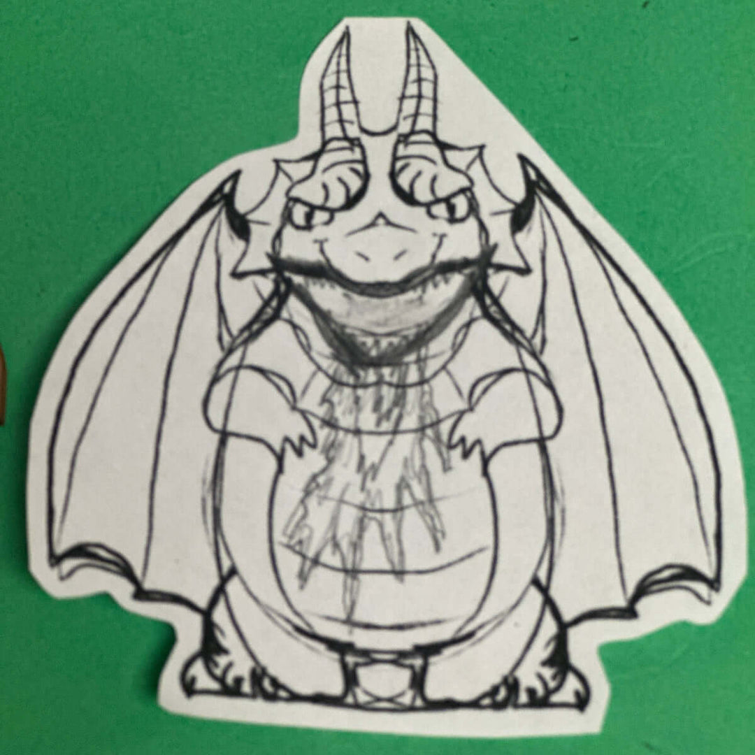 Original black and white illustration of a dragon with bat-like wings on a green background