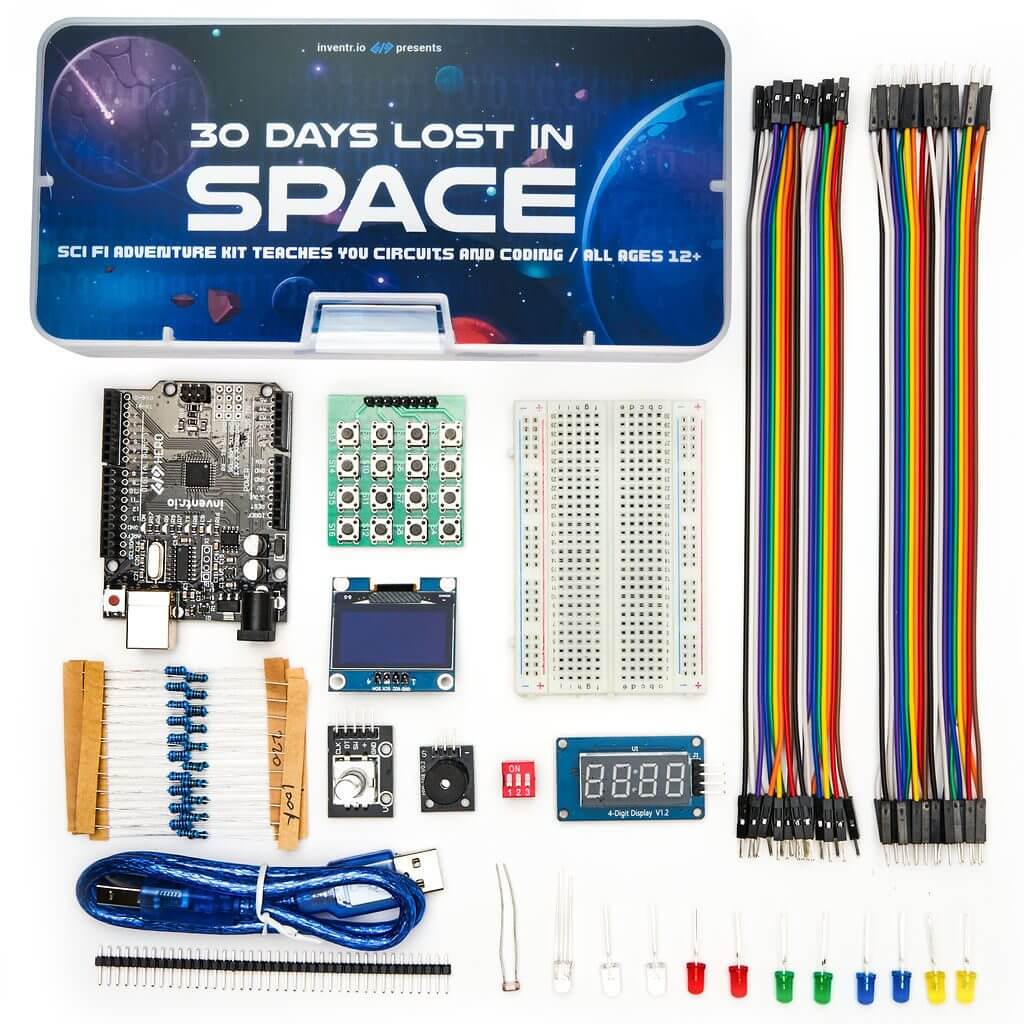 30 Days Lost in Space Adventure Kit with electronic components, coding tools, and circuit elements for learning.