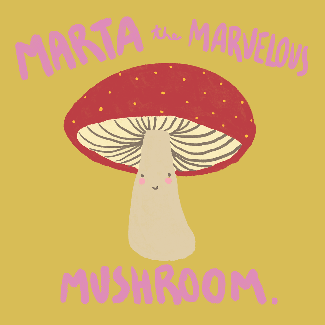 Marta the Marvelous Mushroom Felt Stitching Kit - whimsical mushroom illustration with bright colors.