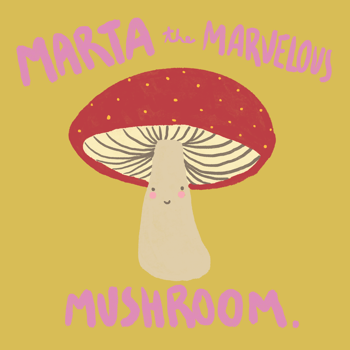 Marta the Marvelous Mushroom Felt Stitching Kit - whimsical mushroom illustration with bright colors.