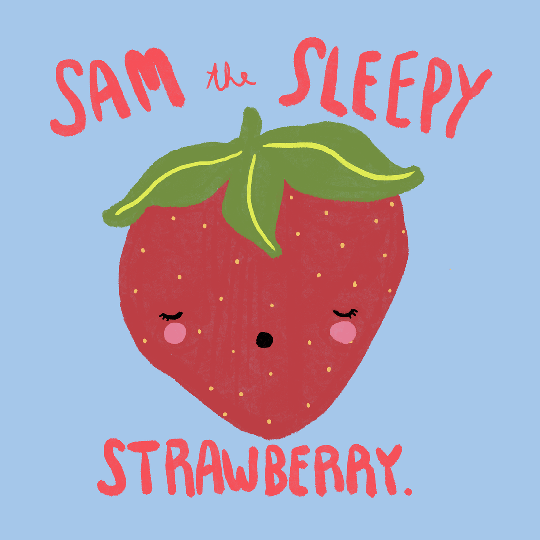 Sam the Sleepy Strawberry Felt Stitching Kit illustration with a cute sleepy strawberry character.