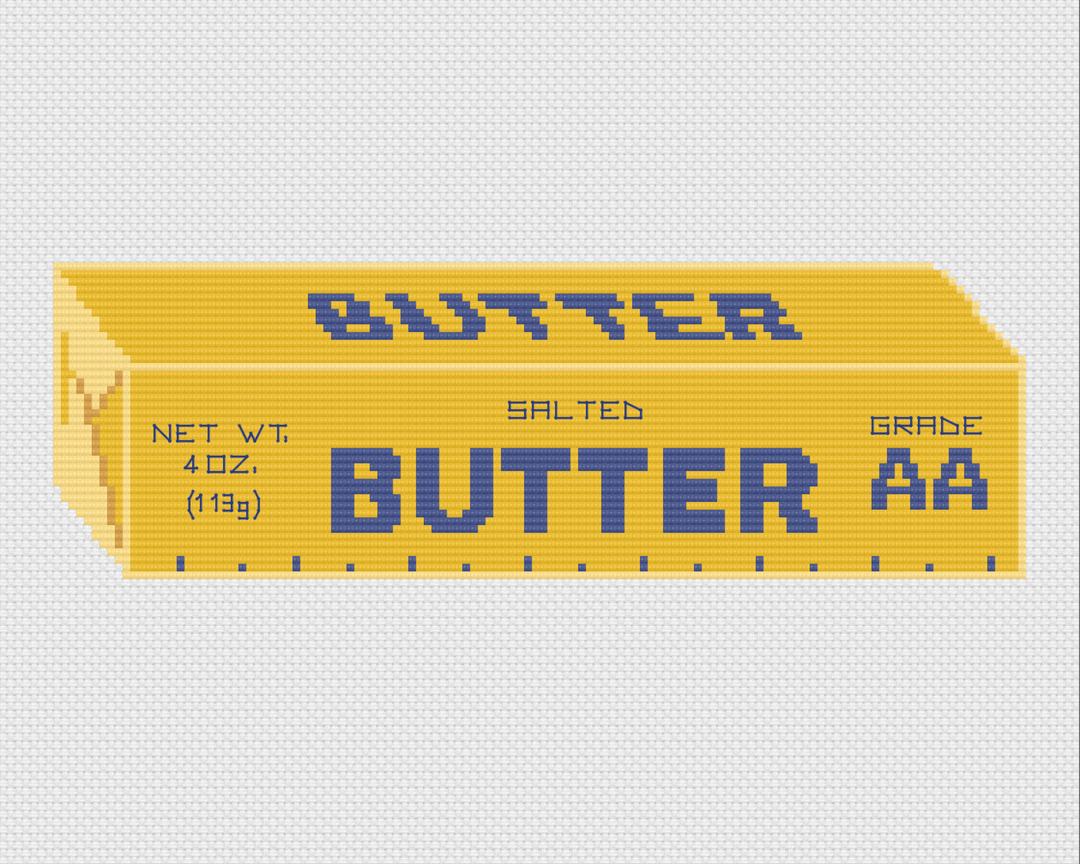 Vintage Butter Stick Counted Cross Stitch DIY Kit pattern showing a pixelated yellow butter stick.