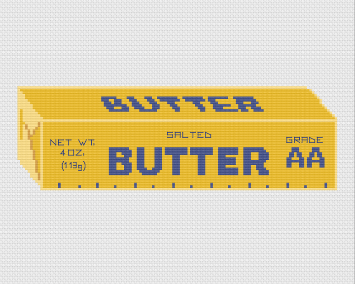 Vintage Butter Stick Counted Cross Stitch DIY Kit pattern showing a pixelated yellow butter stick.