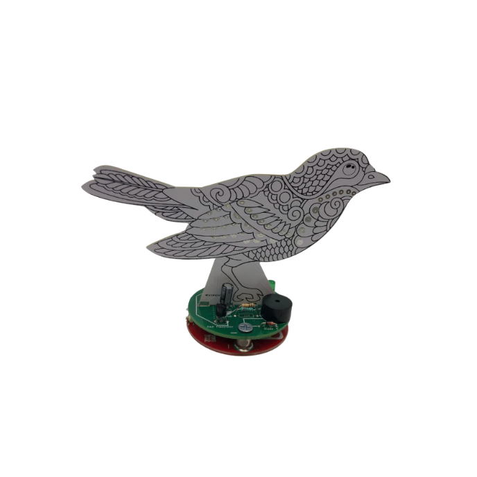 Blinker Bird soldering kit with multivibrator flip-flop circuit and decorative bird design.