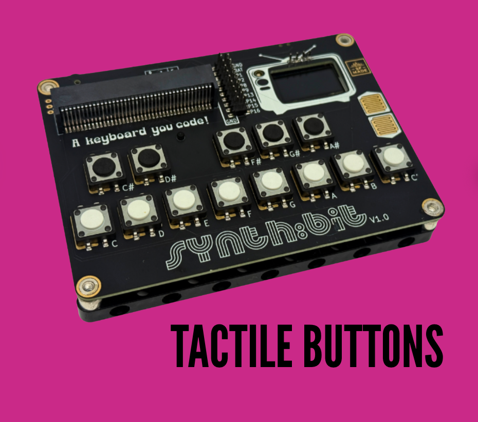 Synth:bit keyboard with tactile buttons and OLED screen on a vibrant pink background.