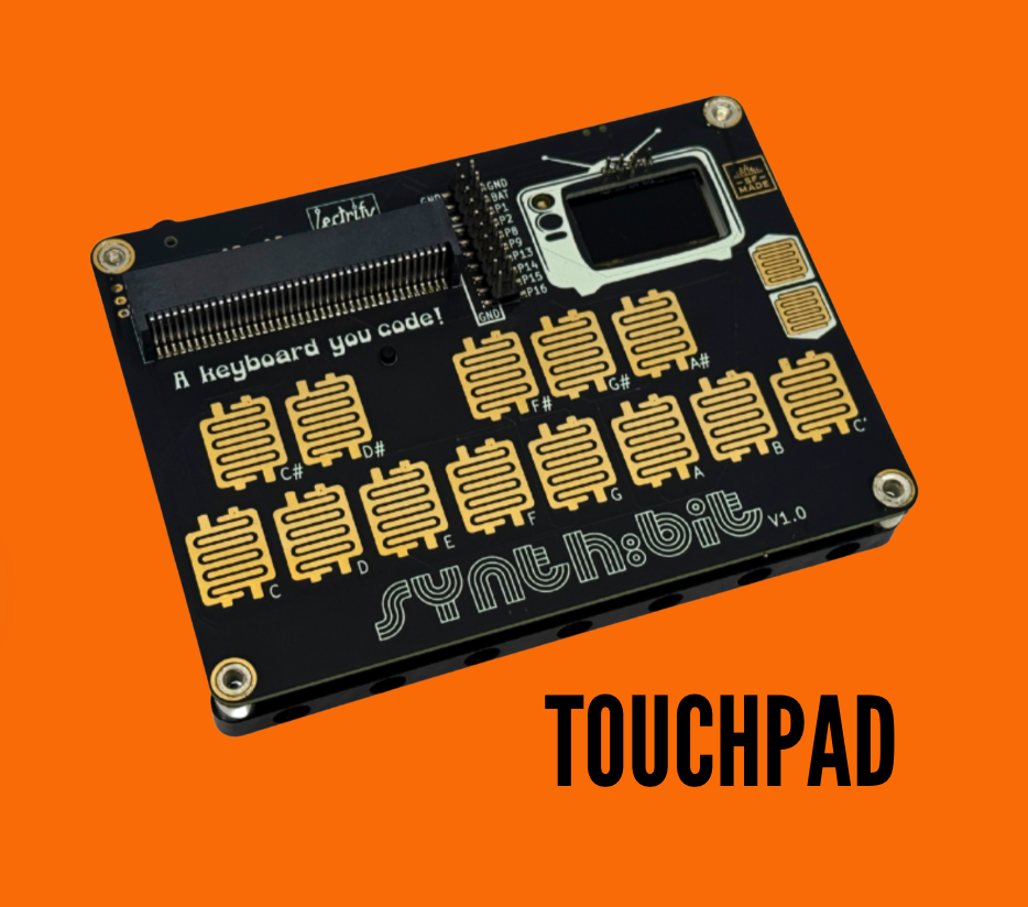 Image of Synth:bit touchpad showing 16 inputs, OLED screen, and sleek design on an orange background.