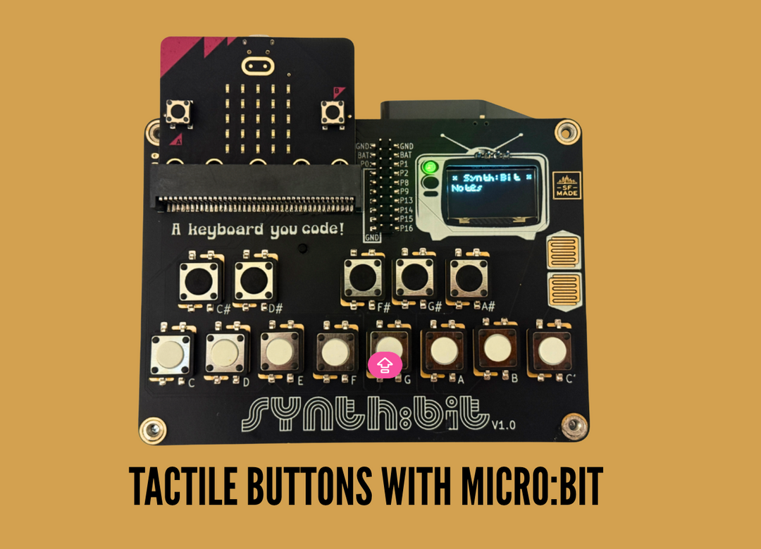Synth:bit with tactile buttons and OLED screen, perfect for micro:bit projects.