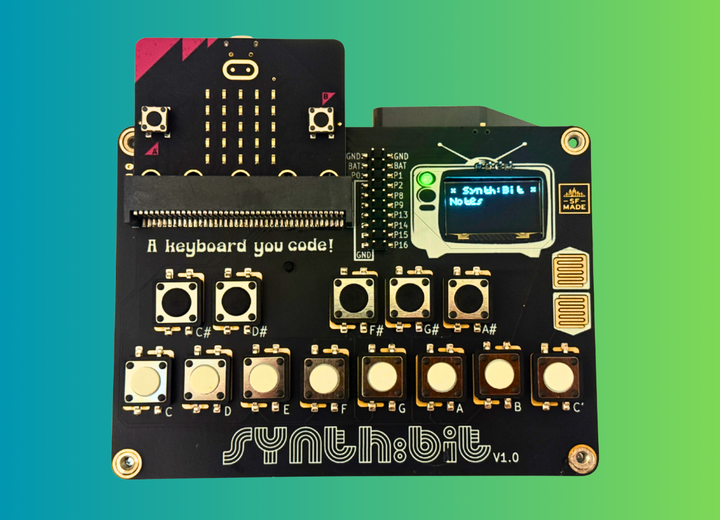 Synth:bit synthesizer keyboard with 16 inputs and OLED screen for micro:bit projects.