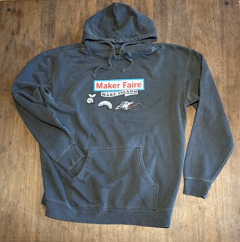 A gray hooded pullover sweatshirt with 'Maker Faire Mare Island' text and logo on the front, along with a sea dragon illustration.