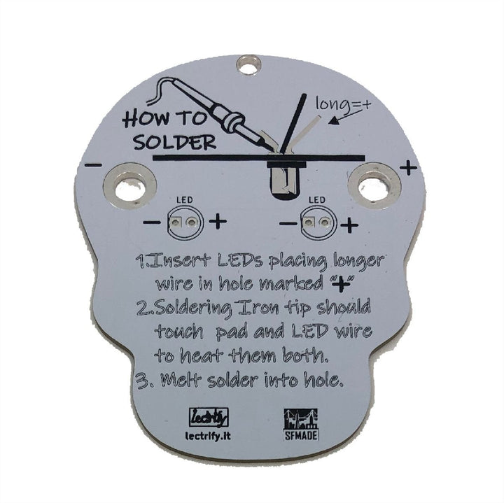 Learn To Solder - Sugar Skull instructional guide with LED placement and soldering steps.